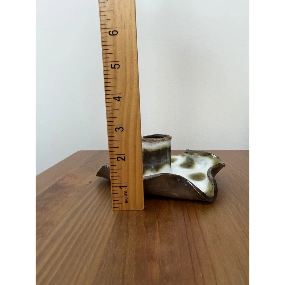 Studio Pottery Signed Chamberstick Candle Holder Polka Dot Brown White Green